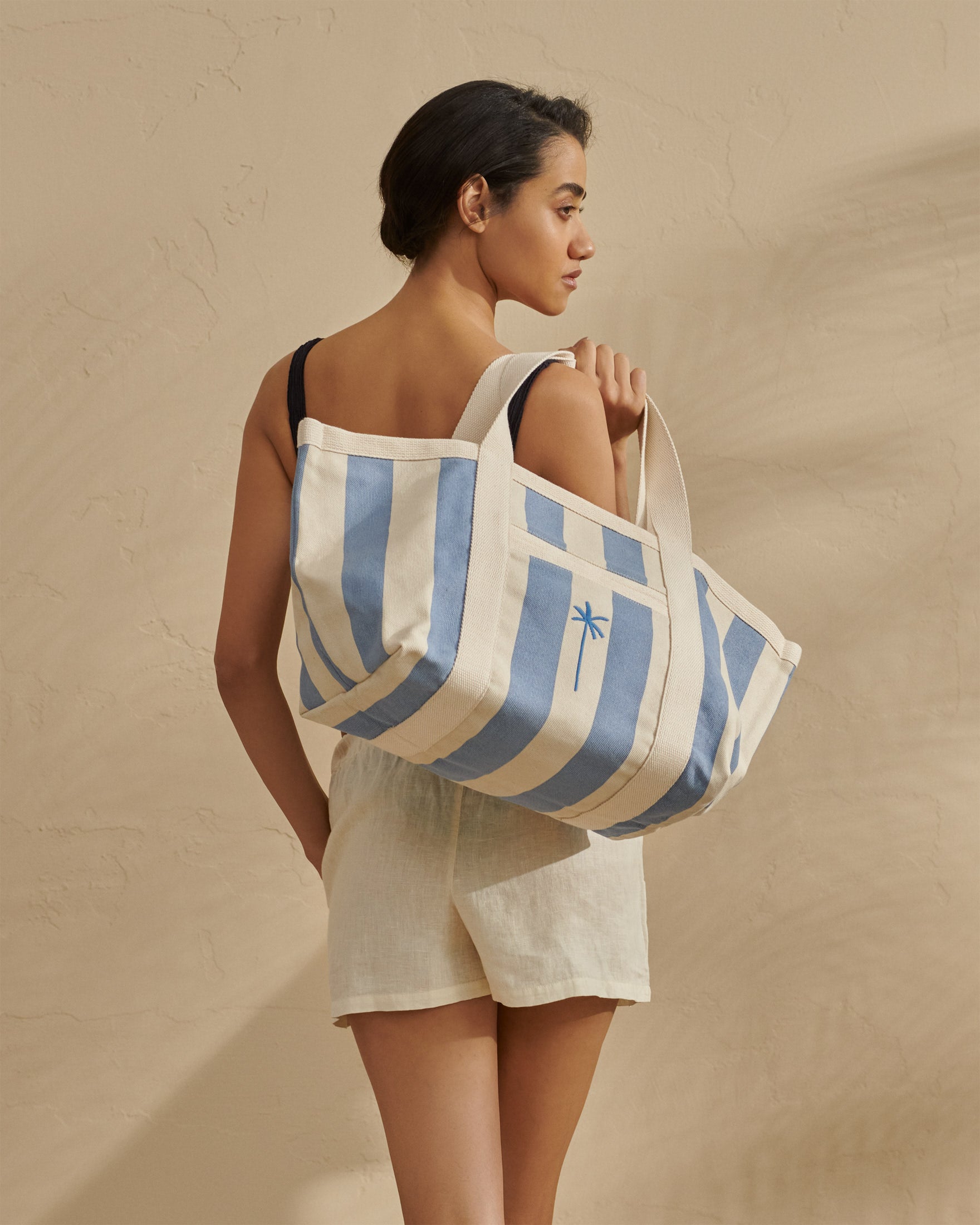 Canvas Tote Bag - Embroidered Palm - White And Indigo Stripes