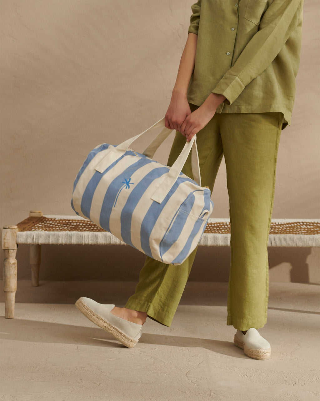 Canvas Weekend Bag - Embroidered Logo - White And Indigo Stripes
