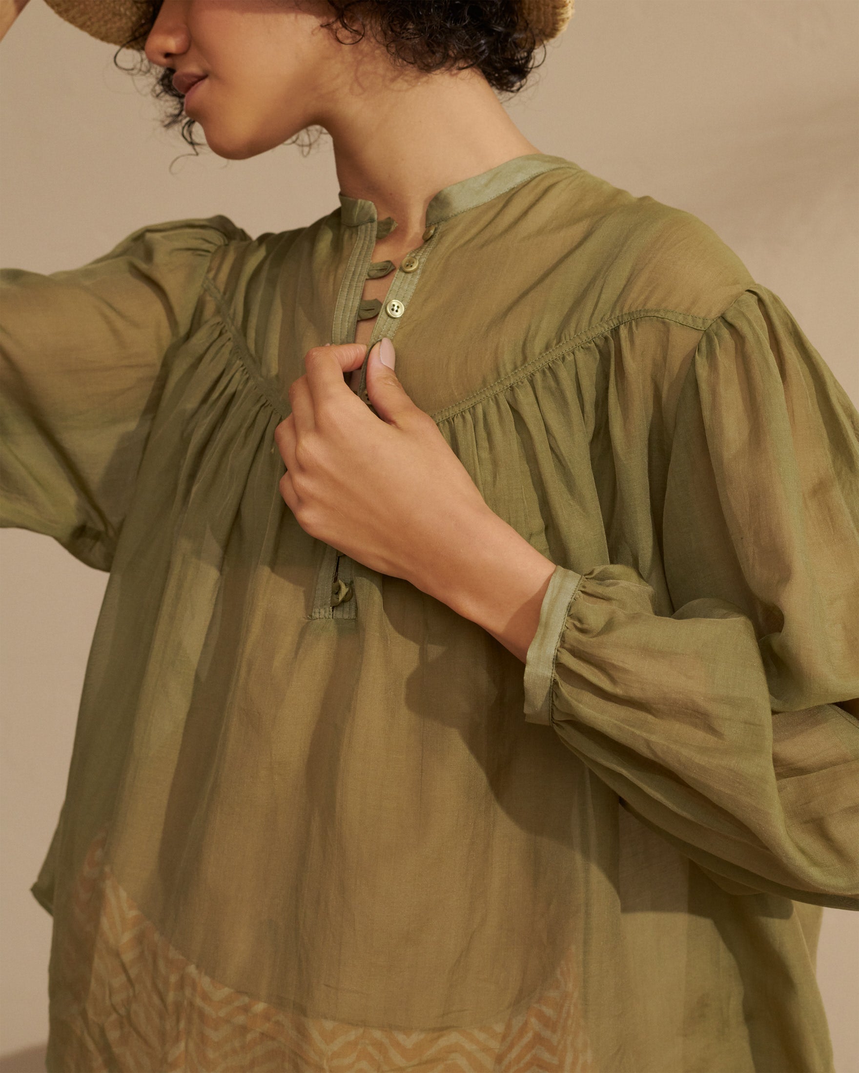 Silk Cotton Voile Baja Shirt - Deep Neckline with Botton Closure - Kaki Green