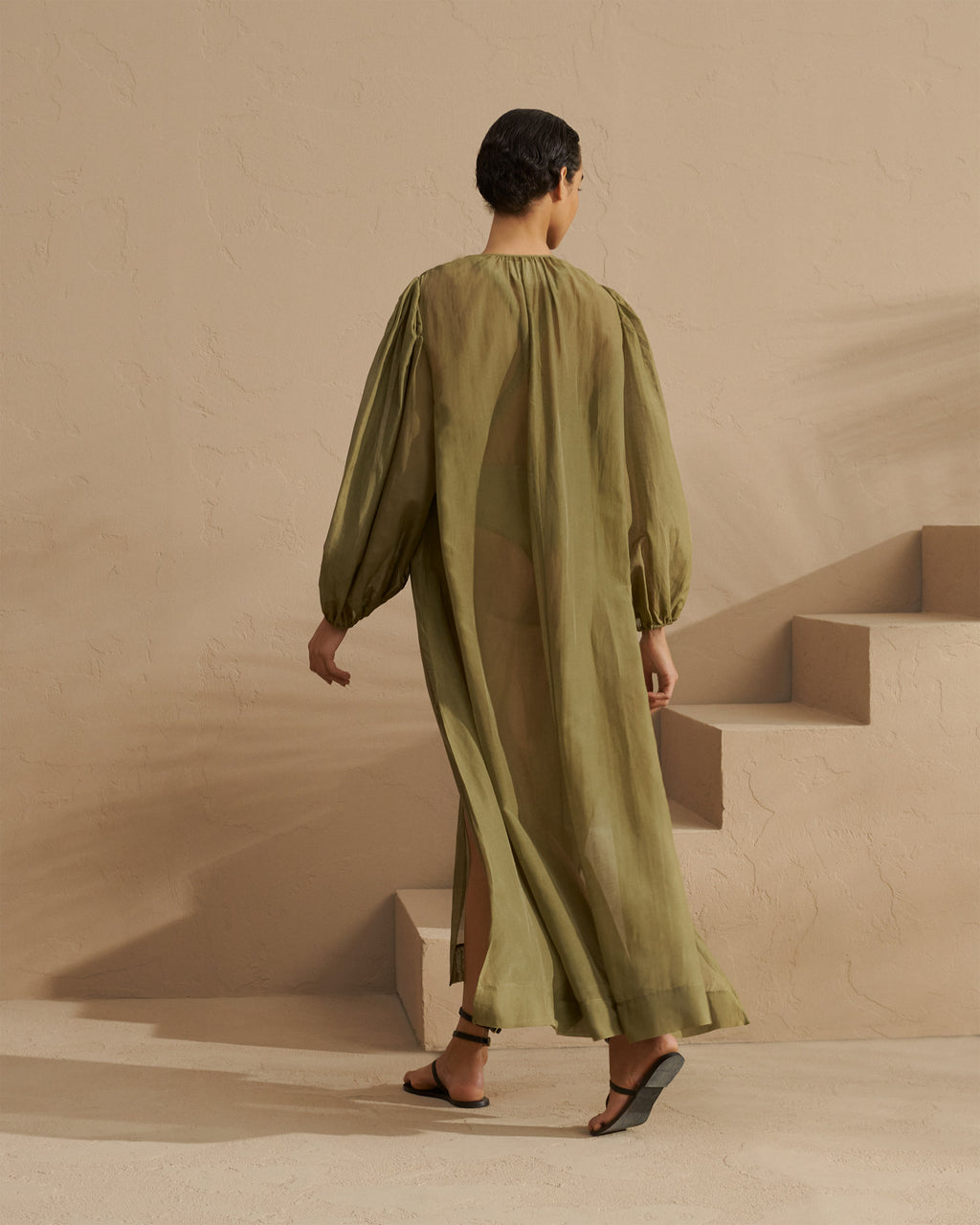 Silk Cotton Voile Goias Dress - With Central Slit - Kaki Green