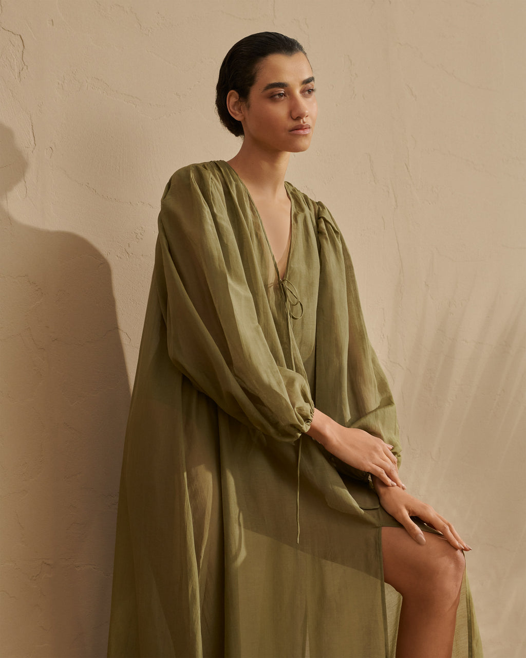 Silk Cotton Voile Goias Dress - With Central Slit - Kaki Green
