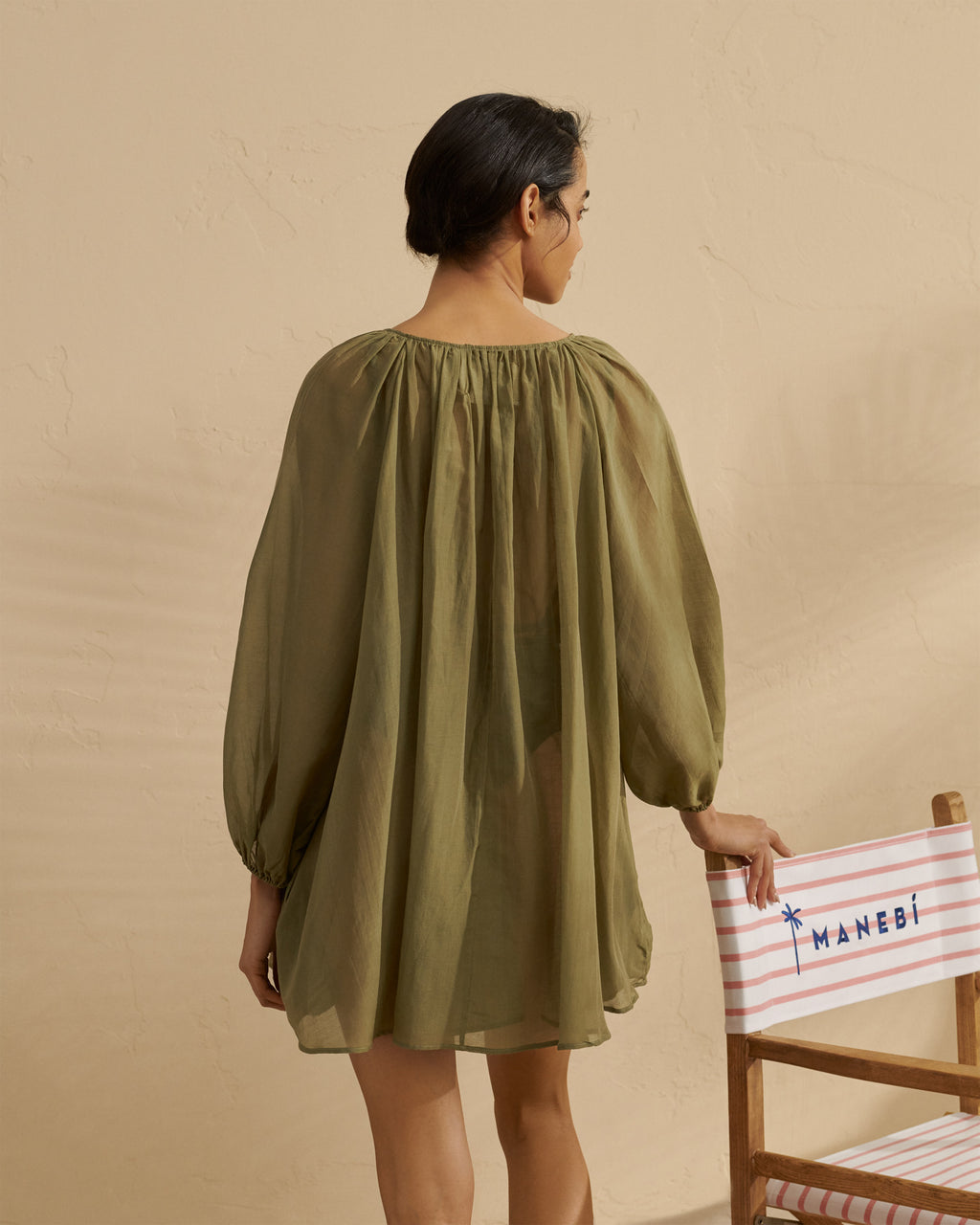 Silk Cotton Voile Minorca Dress - Slim Waist Tie Belt - Kaki Green
