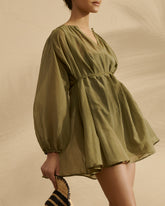 Silk Cotton Voile Minorca Dress - Kaki Green | 