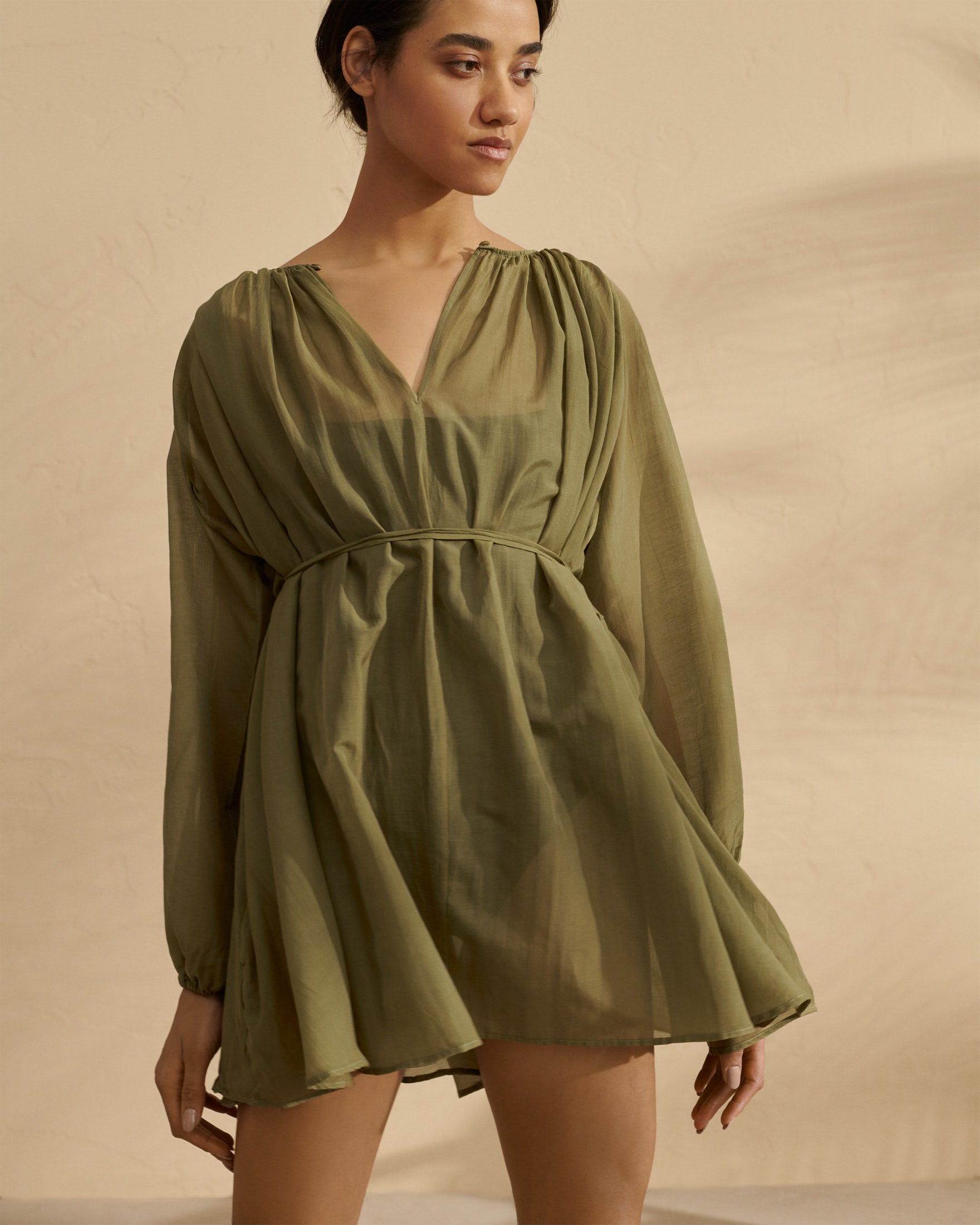 Silk Cotton Voile Minorca Dress - Kaki Green