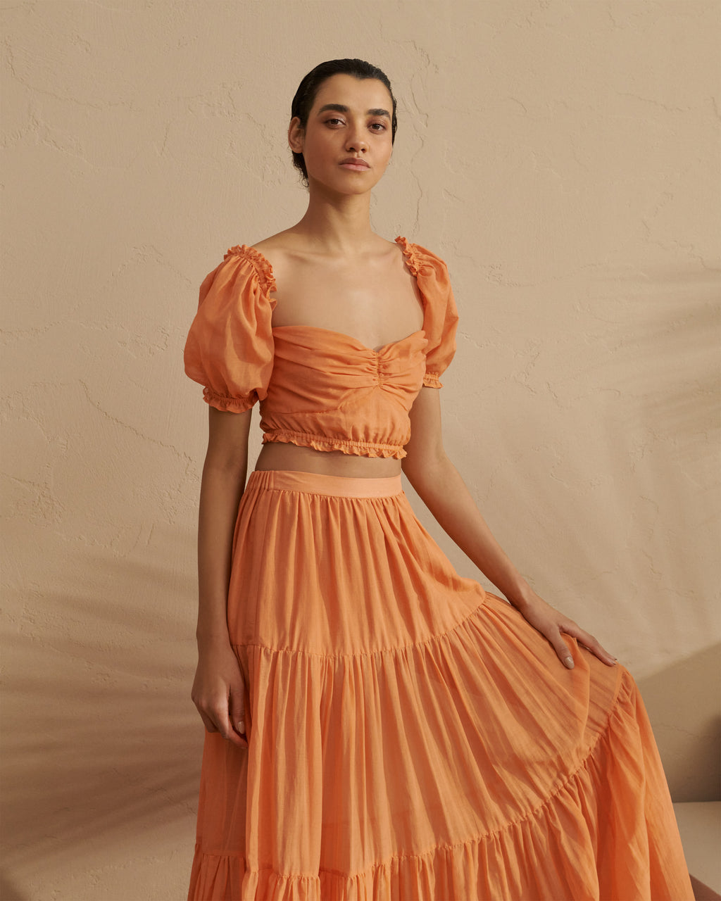 Silk Cotton Voile Recife Skirt - With Ruffles - Orange