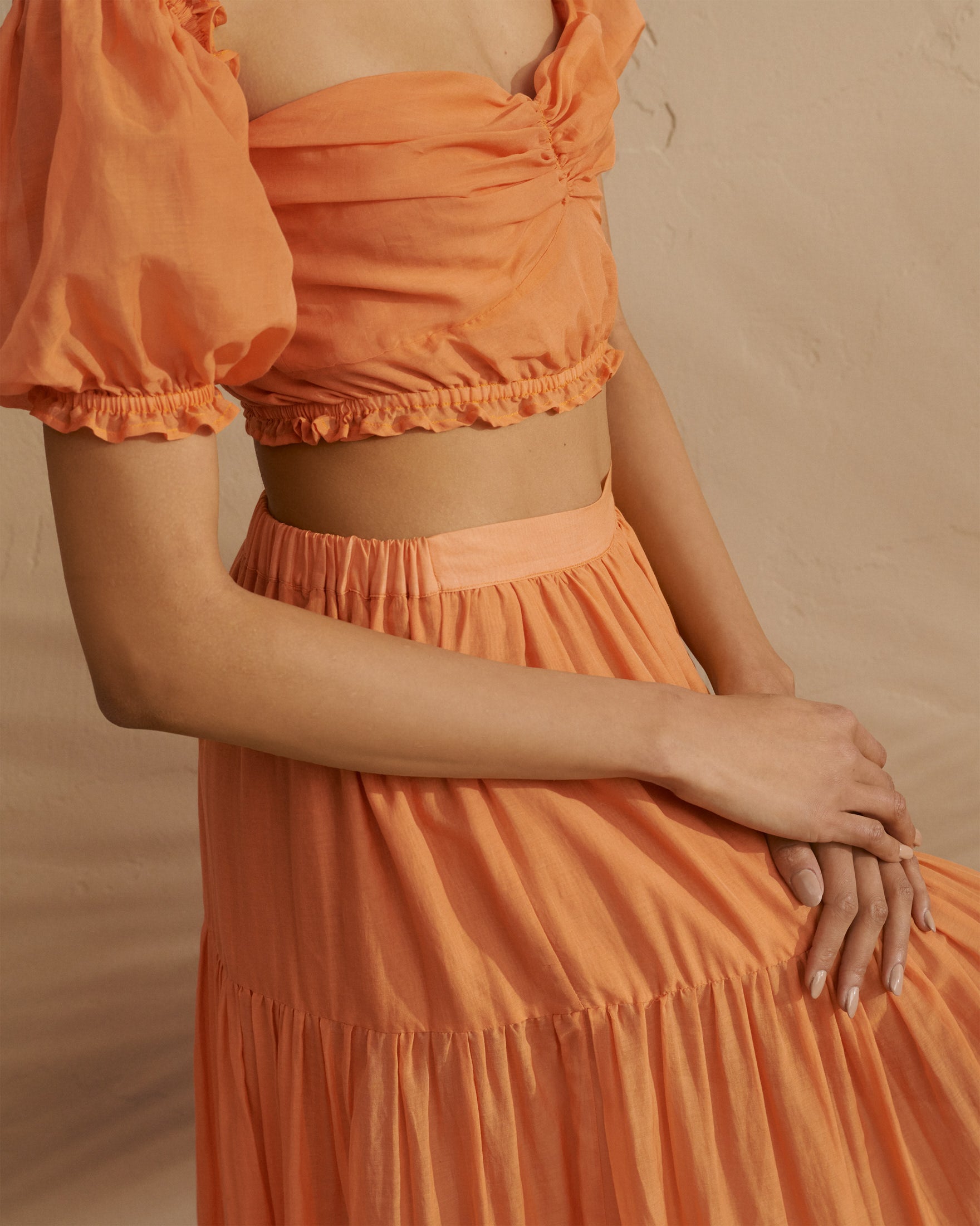 Silk Cotton Voile Floreanopolis Top - Ruffled Sleeves - Orange
