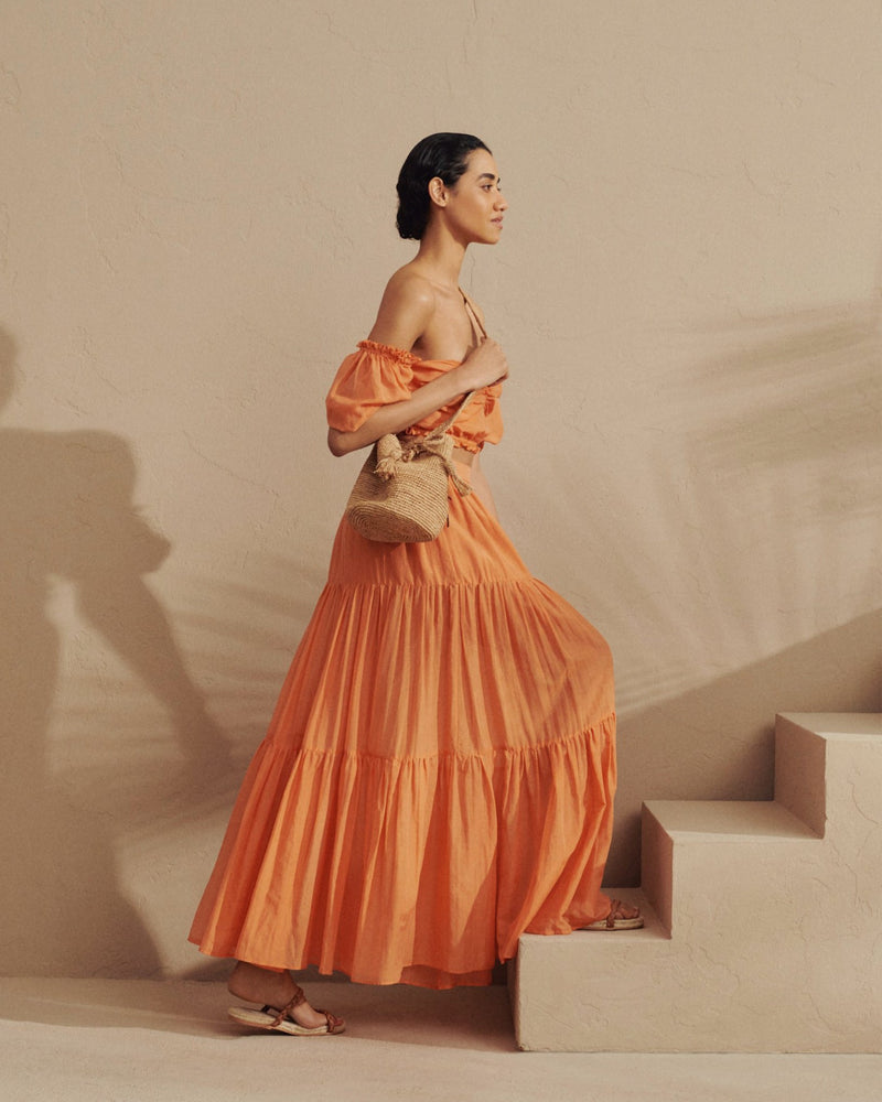 Manebí  silk-cotton-voile-recife-skirt-with-ruffles-orange-v18re