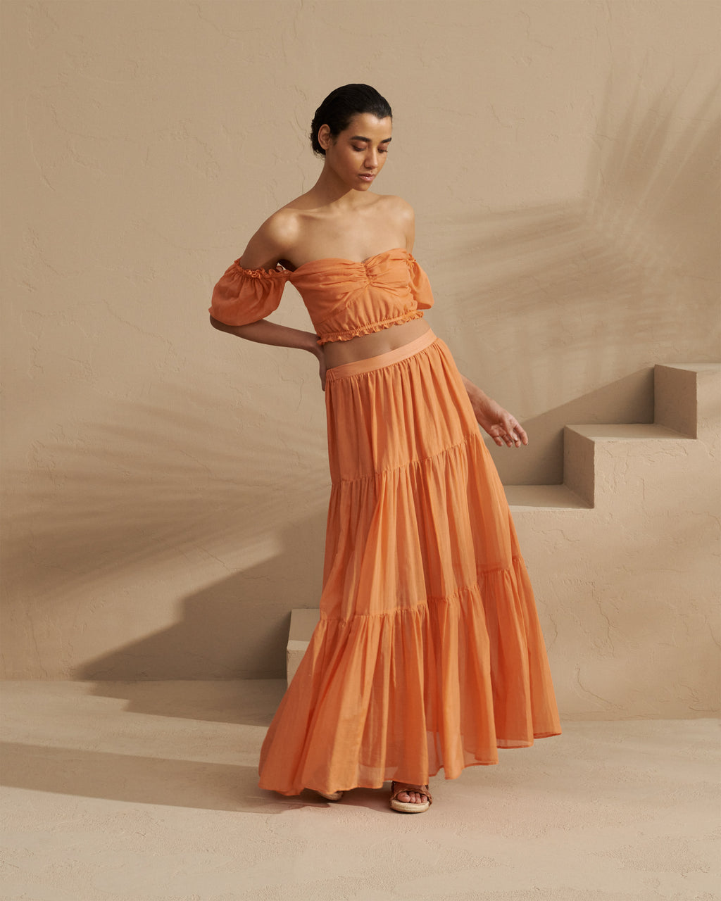 Silk Cotton Voile Recife Skirt - Orange