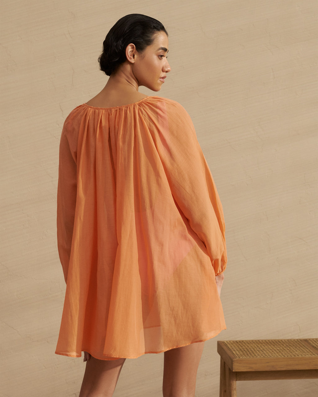 Silk Cotton Voile Minorca Dress - Slim Waist Tie Belt - Orange