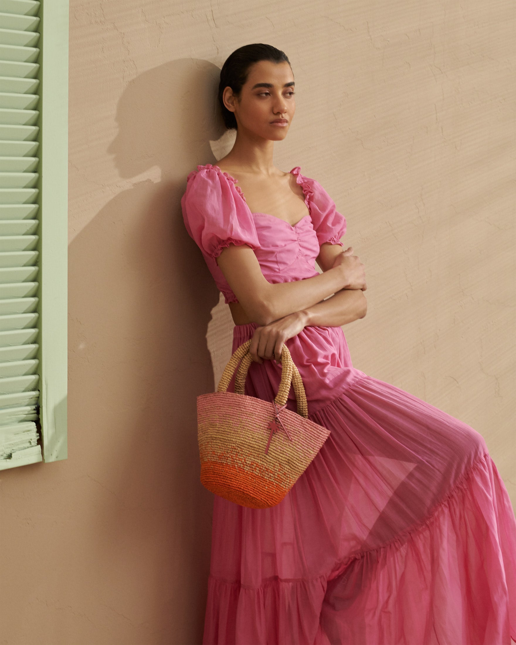 Summer Bag Medium - Palm Leather Tag - Tan Pink and Orange Dégradé