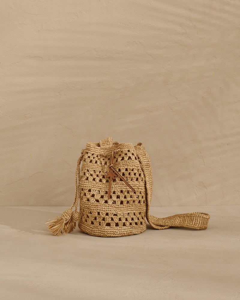 Weaving Raffia Beach Bucket - Palm Leather Tag - Tan Weaving