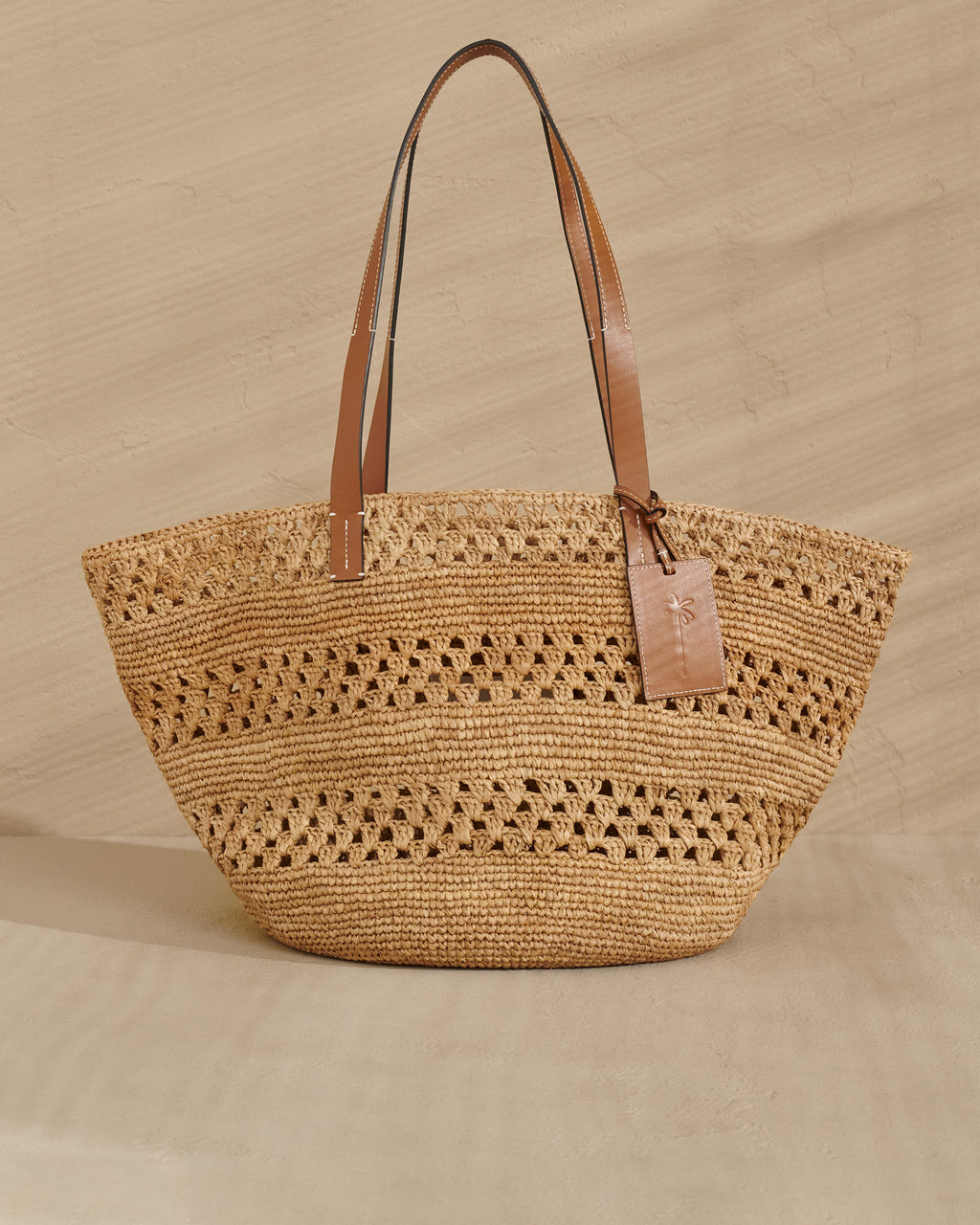 Weaving Raffia & Leather Basket Bag - Tan