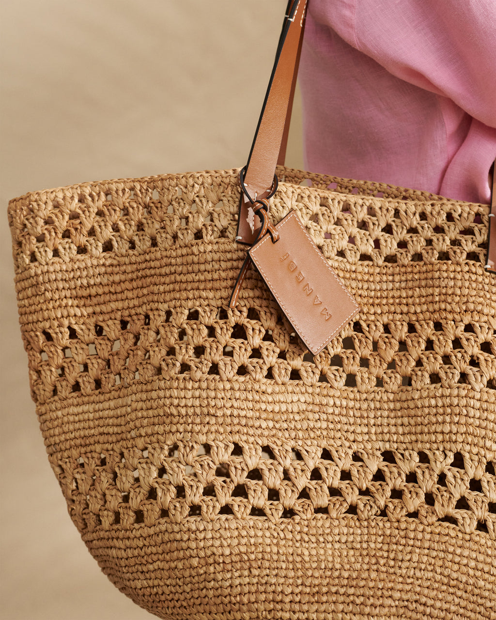 Weaving Raffia & Leather Basket Bag - Tan