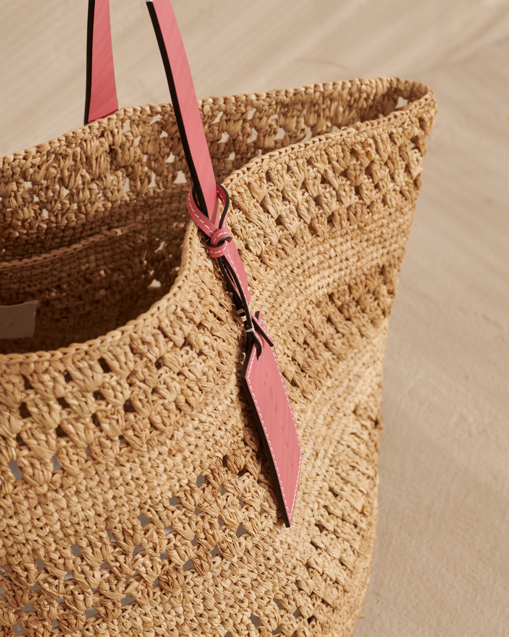 Weaving Raffia & Leather Basket Bag - Leather Tag - Tan
