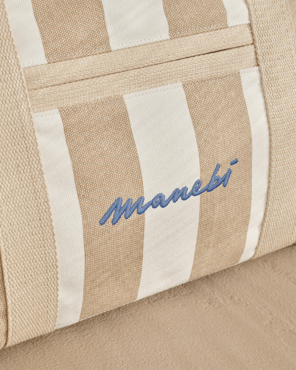 Canvas Tote Bag - Embroidered Logo - White And Beige Stripes