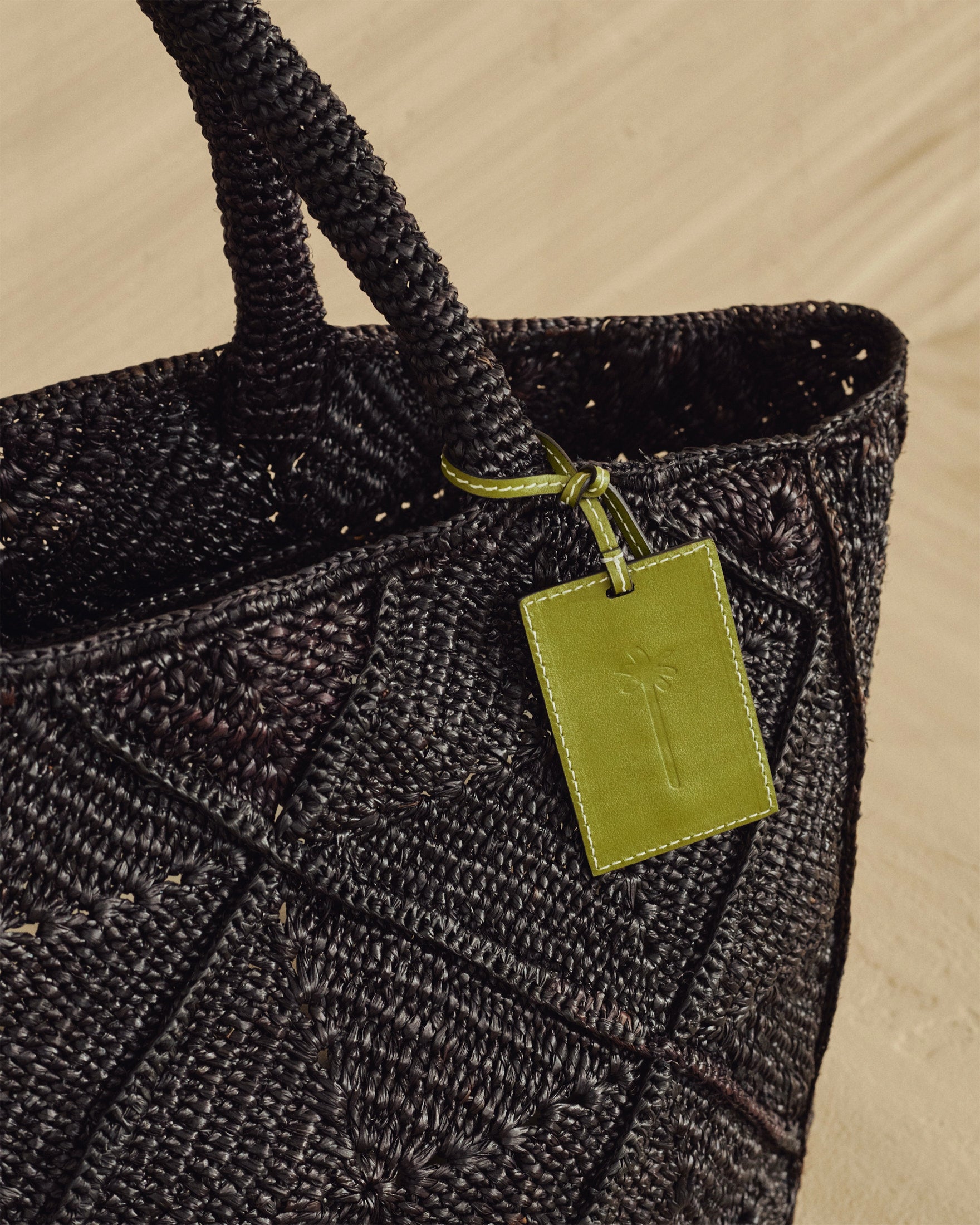 Raffia Sunset Bag Large - Leather Tag - Black Crochet