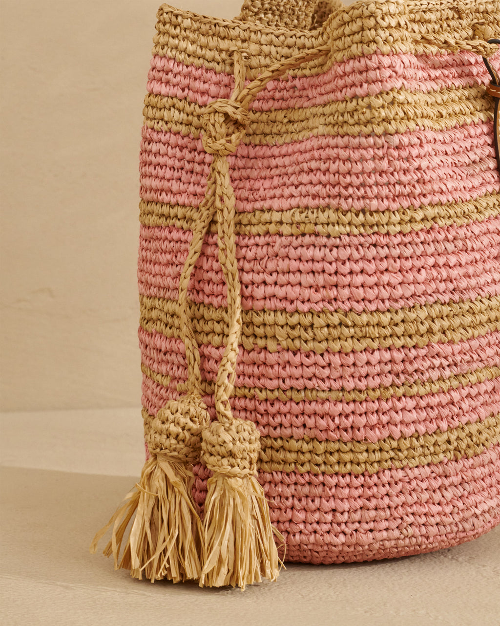 Raffia Beach Bucket - Palm Leather Tag - Tan And Pink Stripes