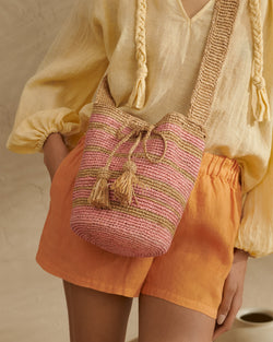 Embellished leather-trimmed crocheted raffia tote