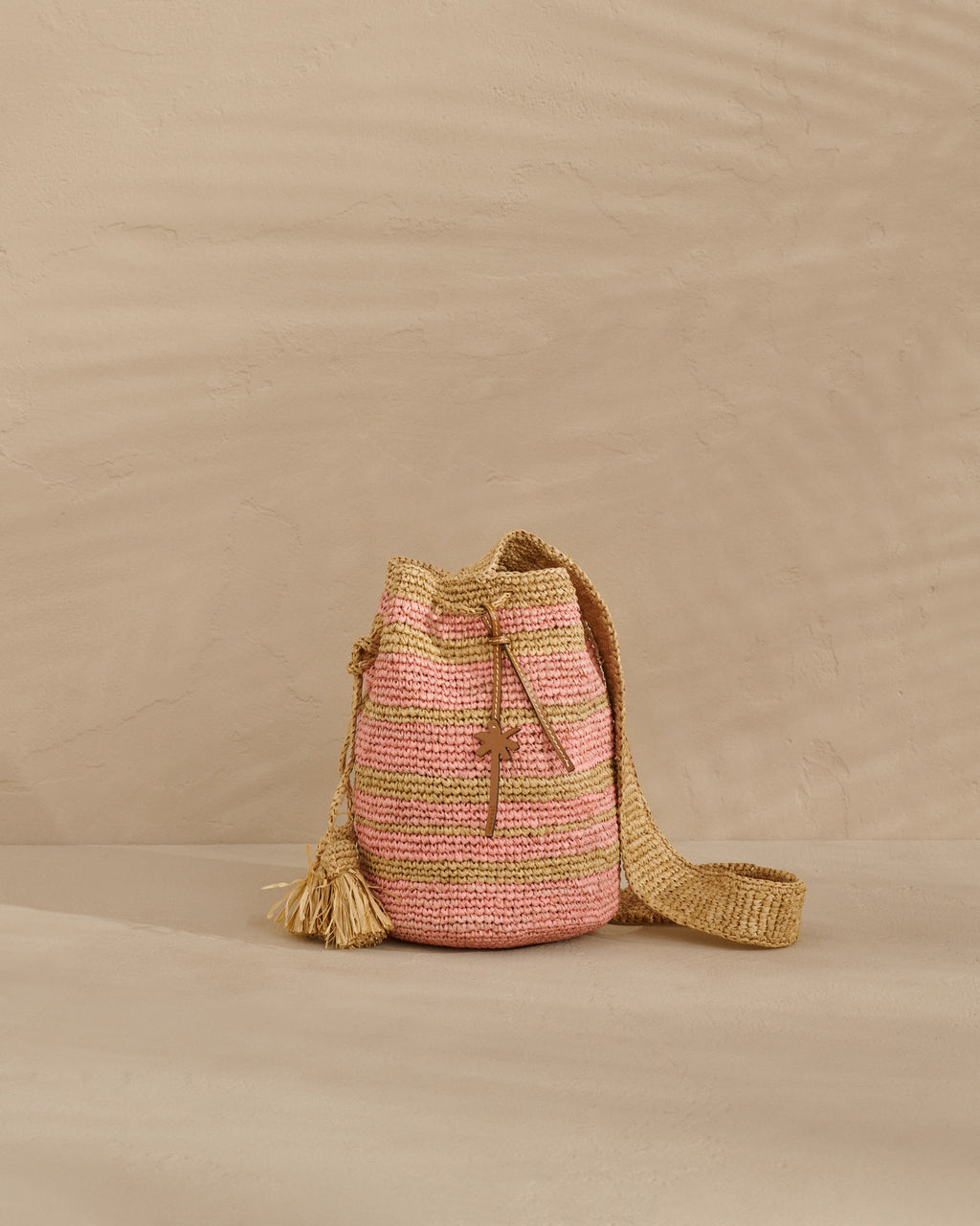 Raffia Beach Bucket - Palm Leather Tag - Tan And Pink Stripes