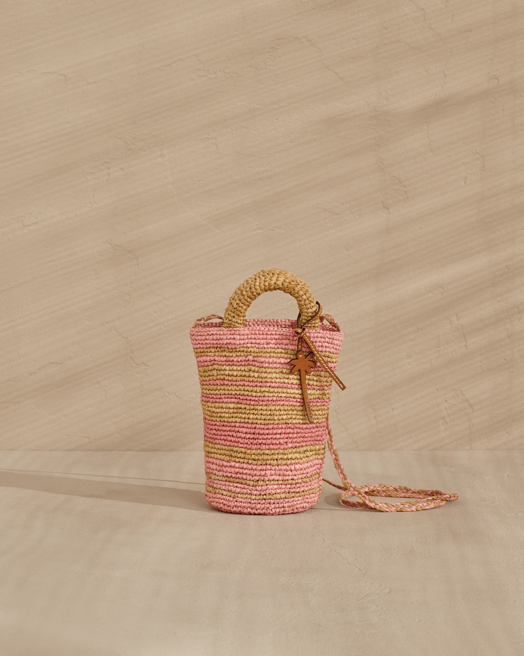 Raffia Cabana Bag - Palm Leather Tag - Tan And Pink Stripes