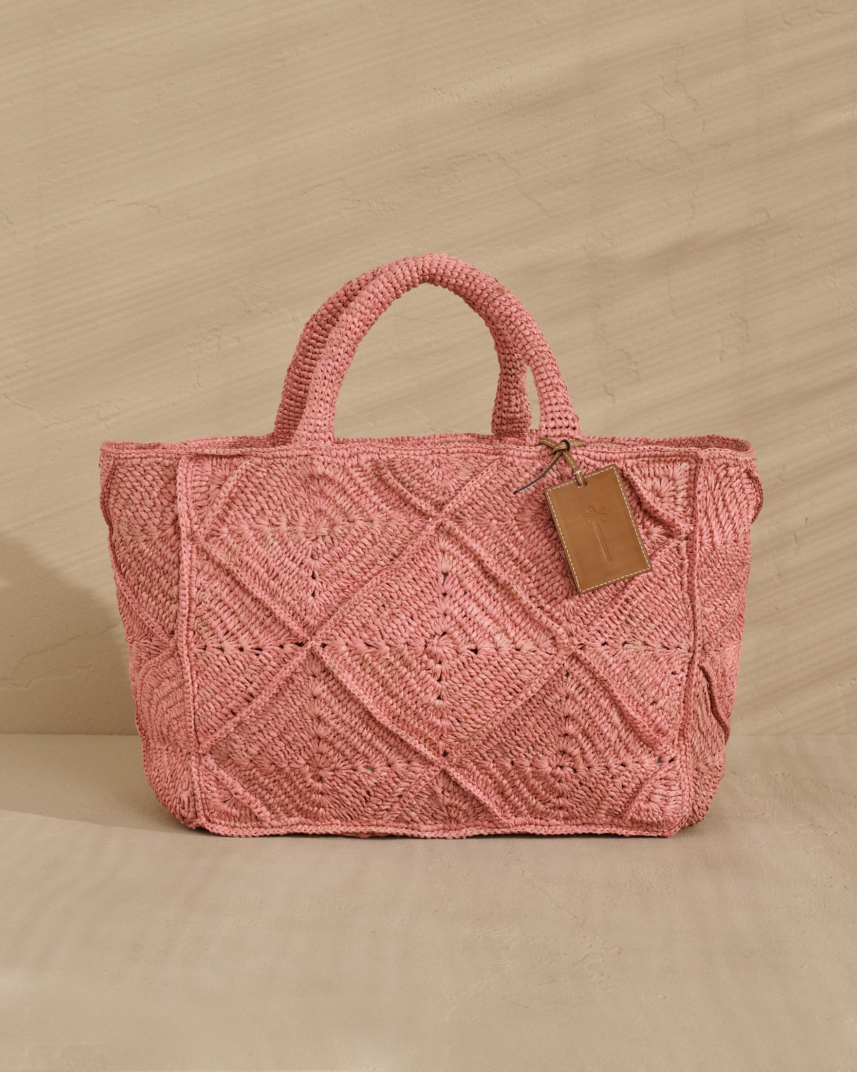 Raffia Sunset Bag Large - Leather Tag - Pink Crochet