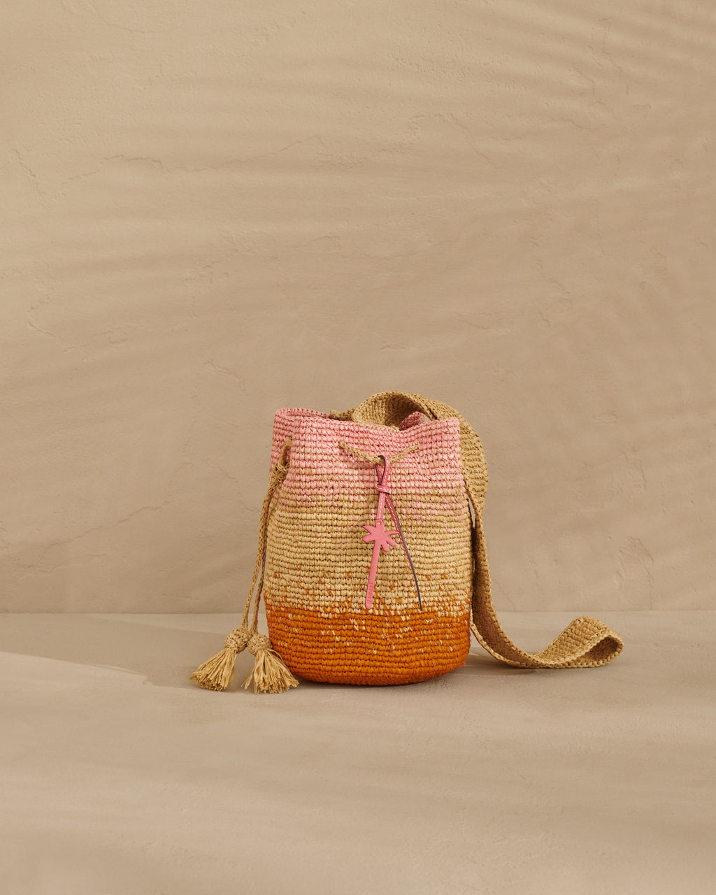 Raffia Beach Bucket - Palm Leather Tag - Tan Pink and Orange Dégradé