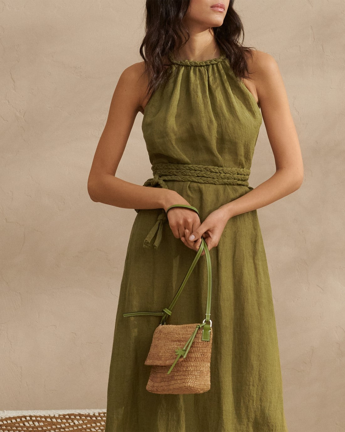 Raffia Summer Night Bag Medium - Palm Leather Tag - Tan & Green