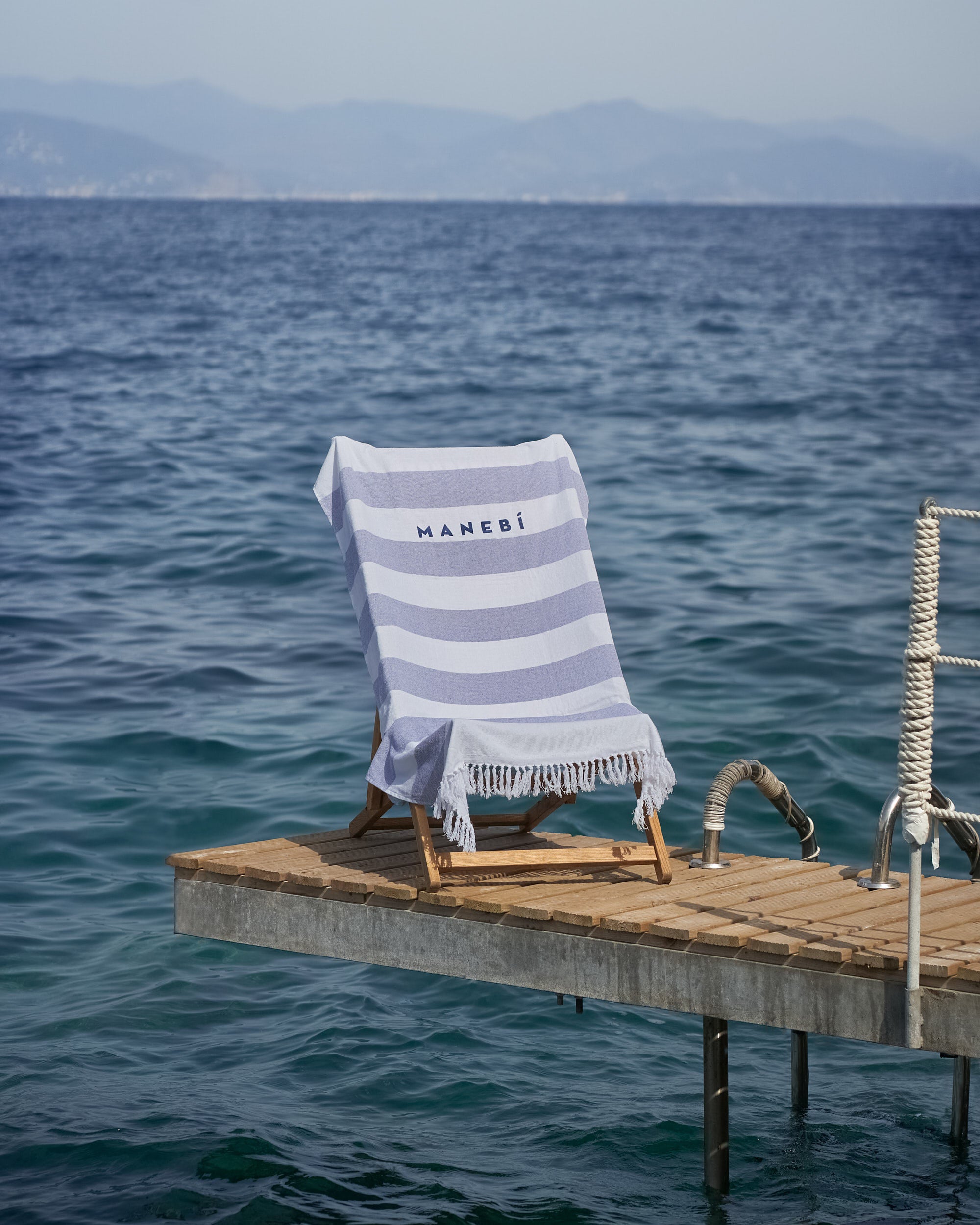 Beach Towel - Embroidered Logo - White & Blue Stripes