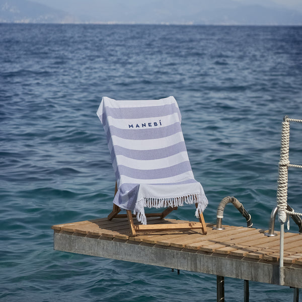 Beach Towel - Embroidered Logo - White & Blue Stripes – Manebí