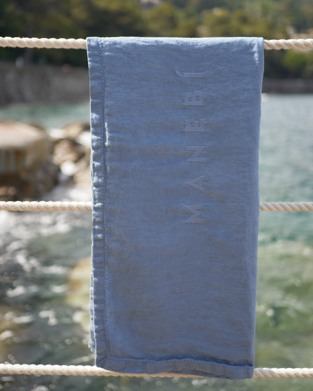 Washed Linen Beach Towel - Embroidered Logo - Indigo