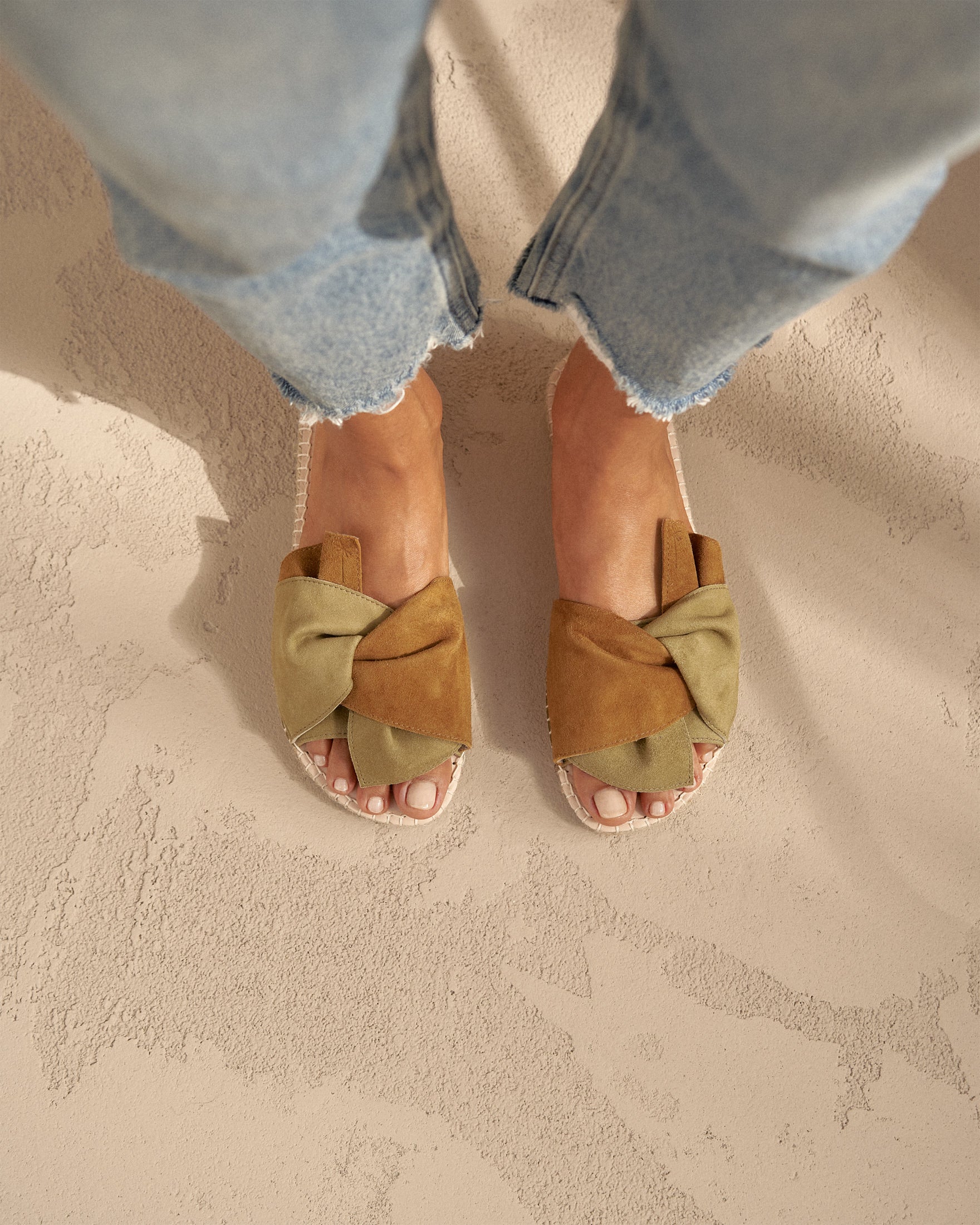 Soft Suede Sandals with Knot - Kaki Green & Cuero