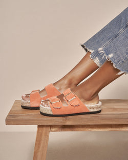 Suede And Faux Fur Nordic Sandals - Apricot with Gold Buckles