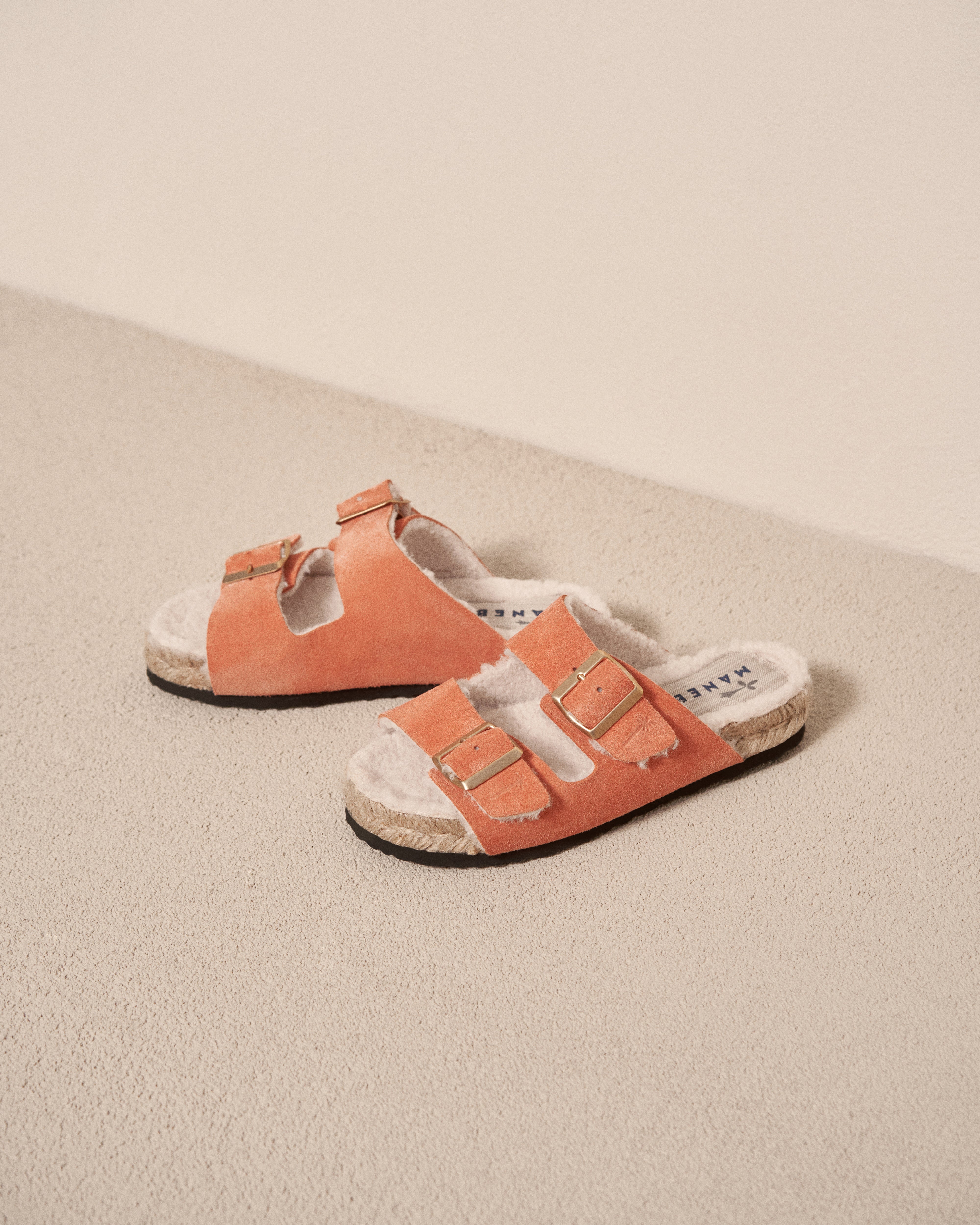 Suede And Faux Fur Nordic Sandals - Apricot with Gold Buckles