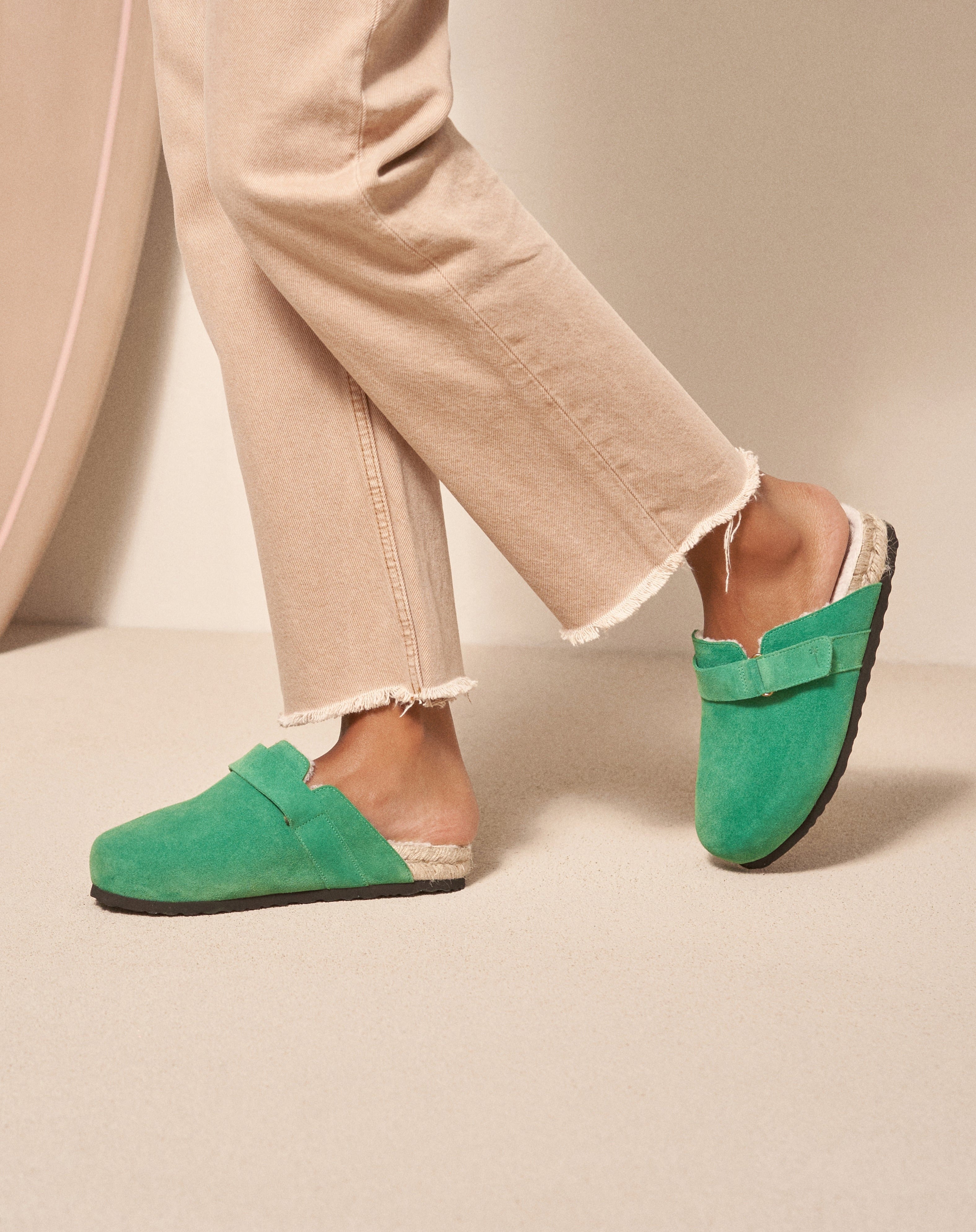 Suede And Faux Fur Clog Mules - Cortina - Palm Green