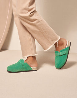 Suede And Faux Fur Clog Mules - Palm Green