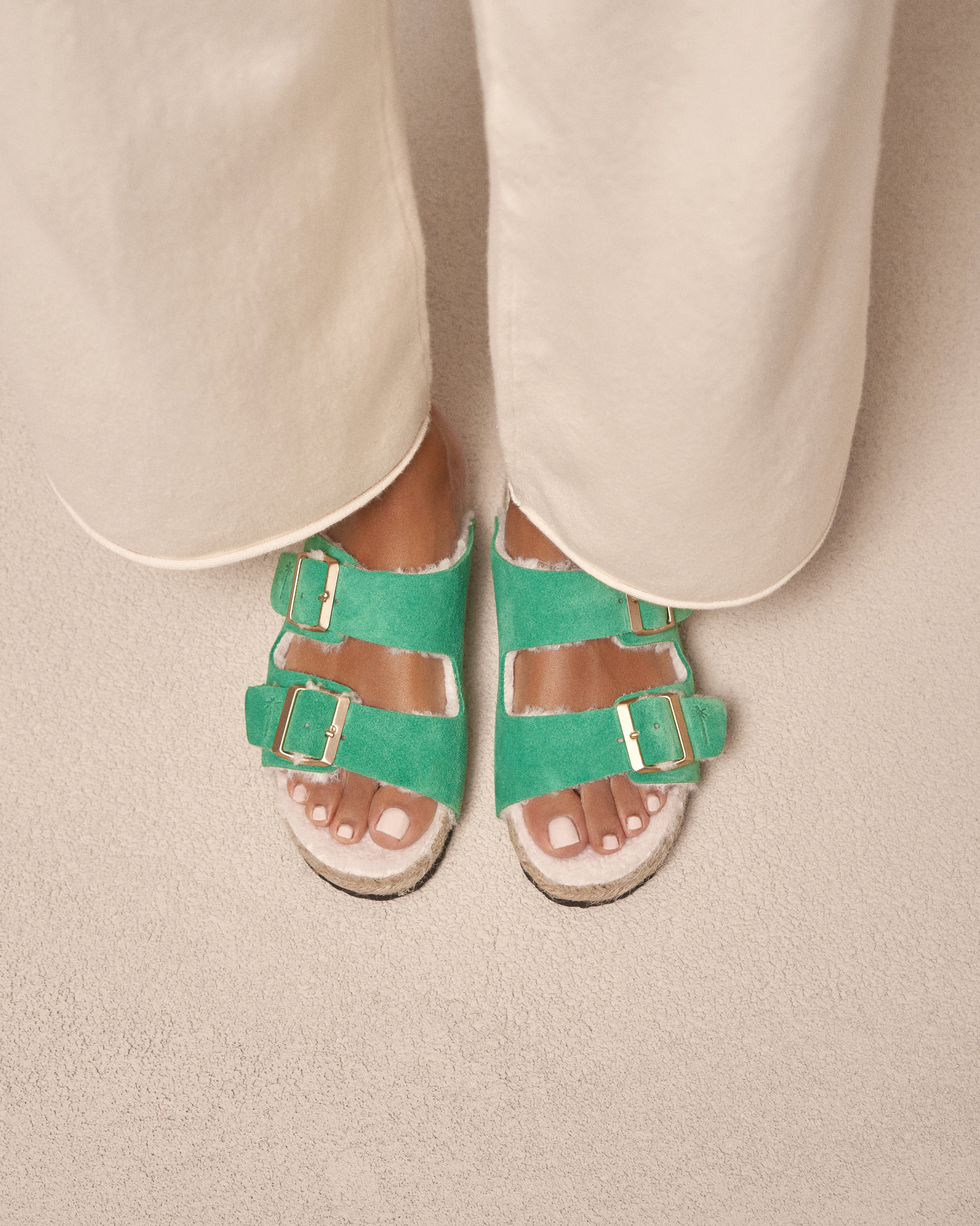 Suede And Faux Fur Nordic Sandals - Cortina - Palm Green with Gold Buckles