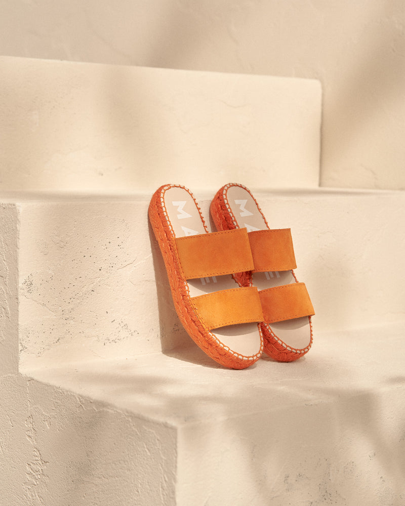 Suede Double Sole Two Bands Sandals - Hamptons - Sunset Orange On Tone