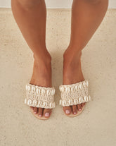 Crochet One Strap Leather Sandals<br />Embellished With Shells - Women’s Sandals | 