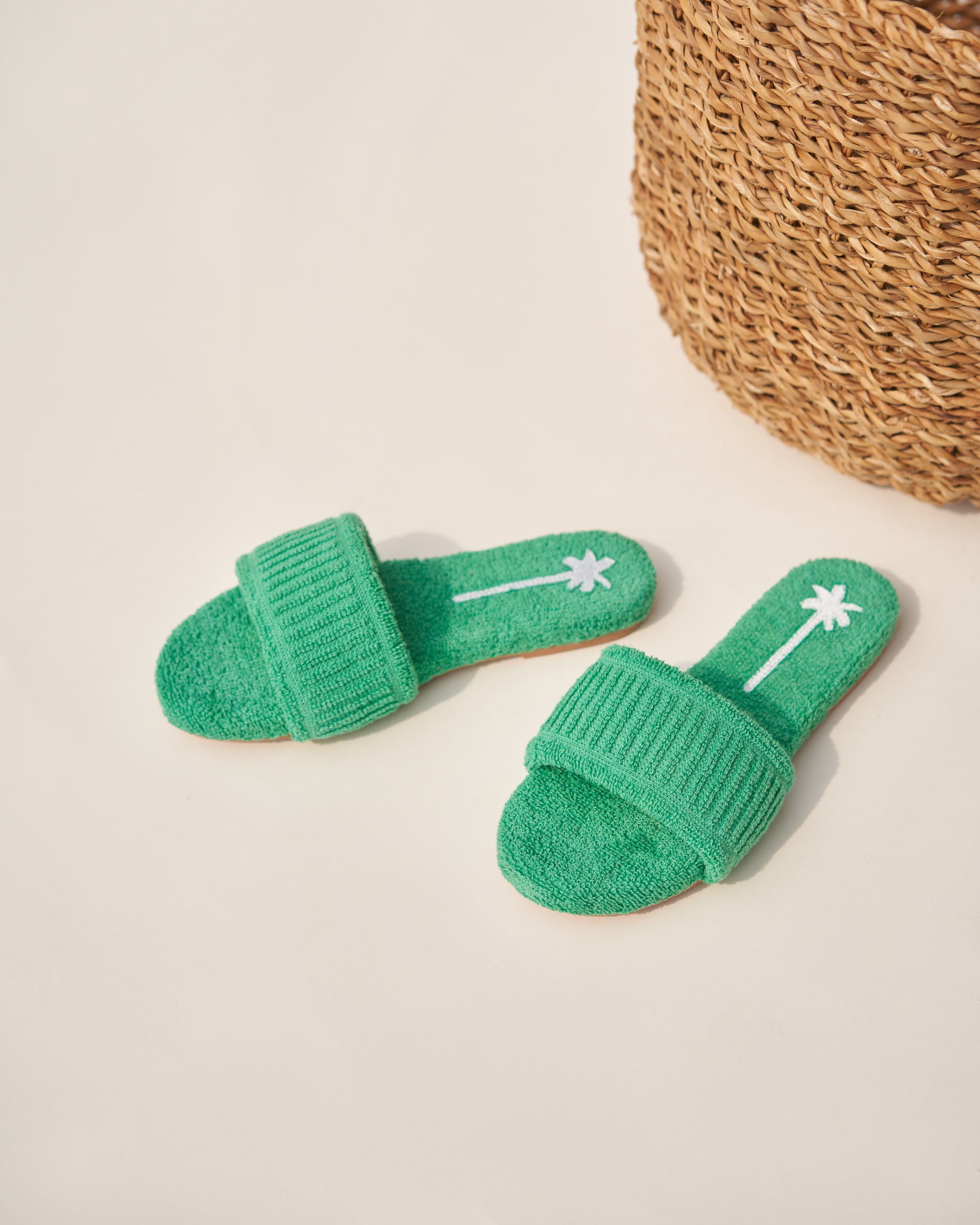 Terry Cotton Slide Sandals - Palm Green & White Palm