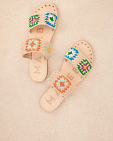 Cotton Crochet Two Straps Leather Sandals | 