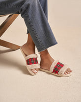 Wool Tartan and Faux Fur Flat Sandals - Winter Cozy | 