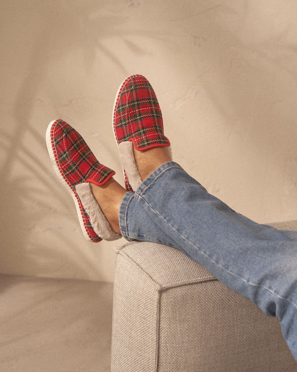 Wool Tartan And Faux Fur Loafers Espadrilles - Red Green