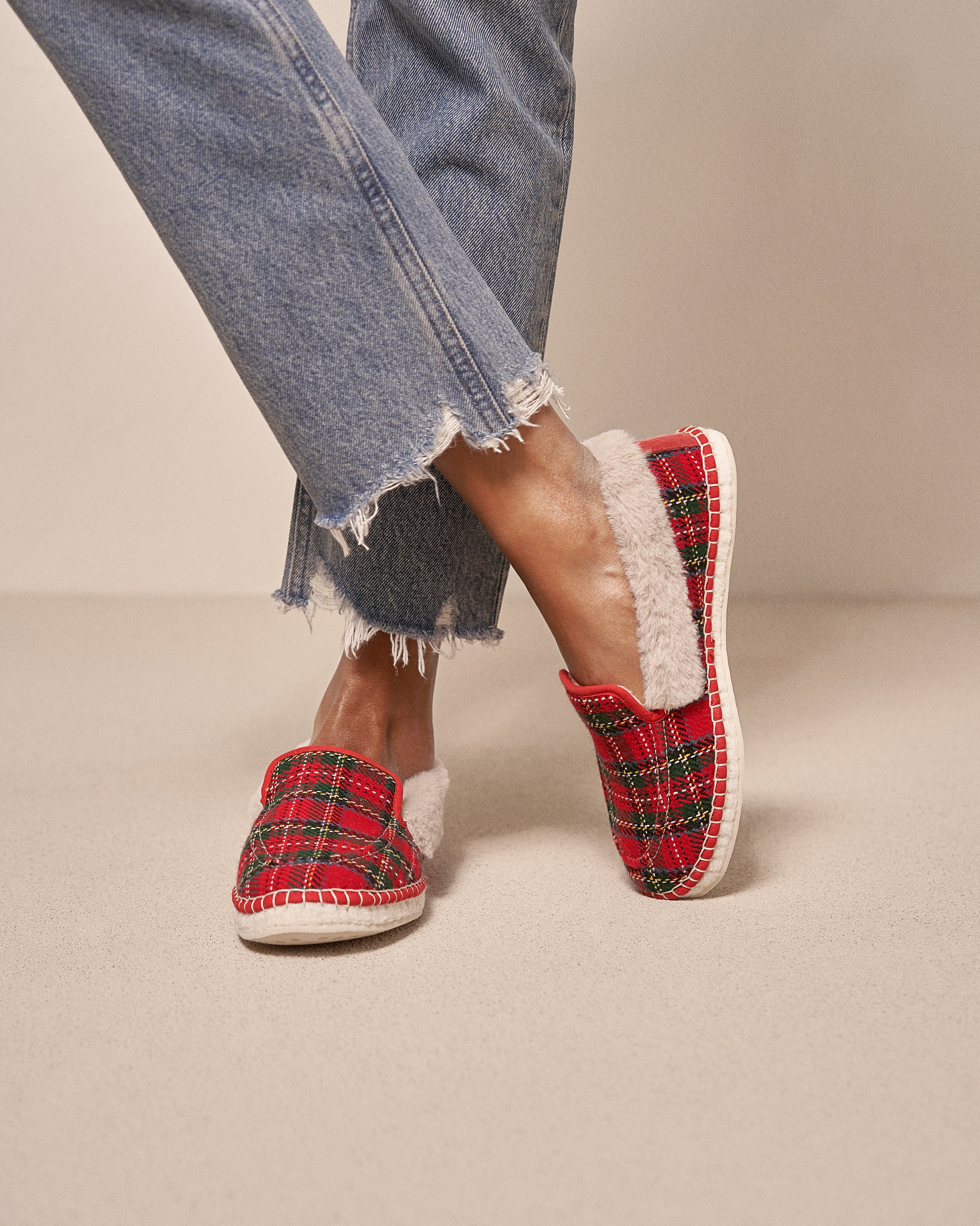 Wool Tartan And Faux Fur Loafers - Red Green