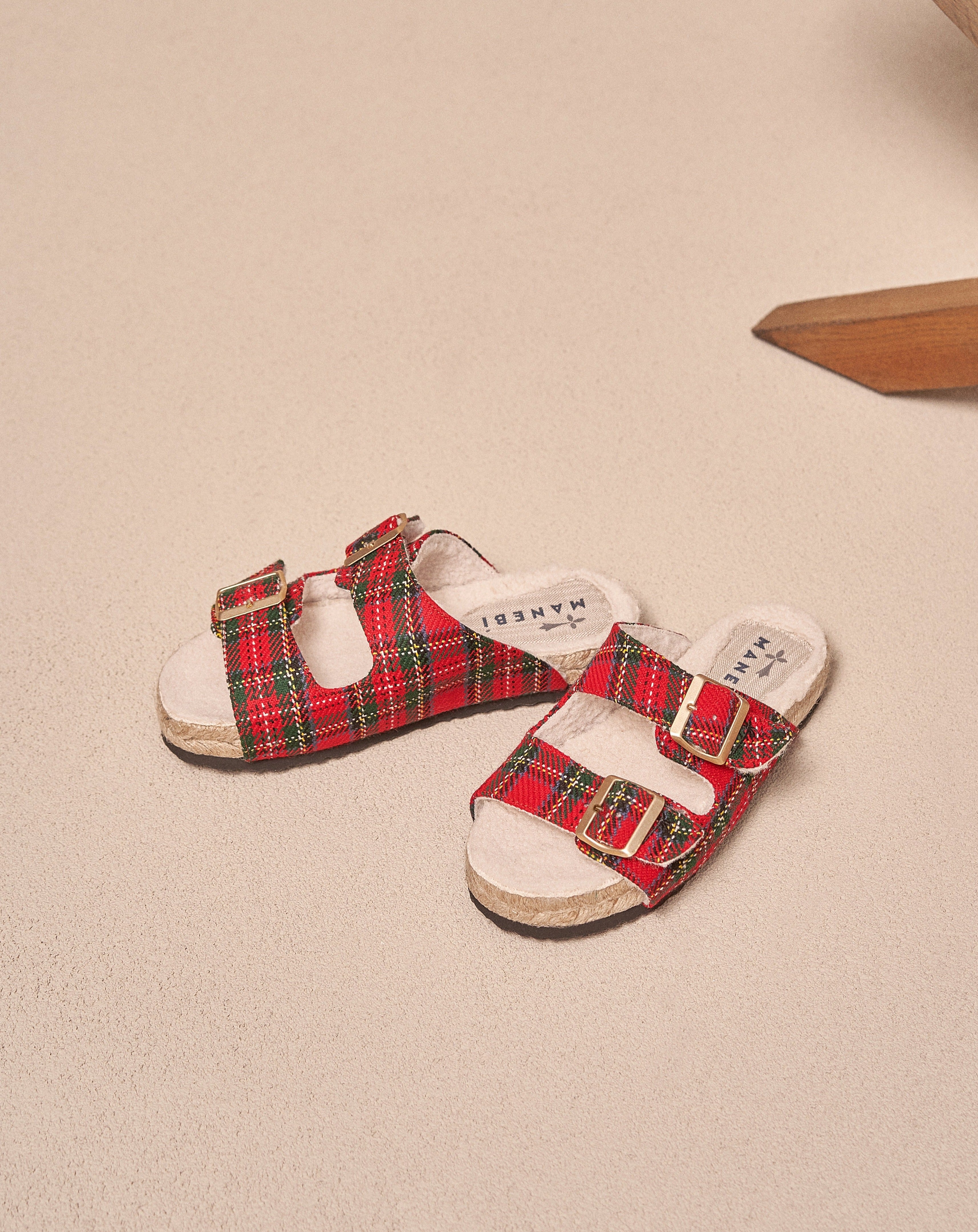 Wool Tartan And Faux Fur Nordic Sandals - Red Green with Gold Buckles