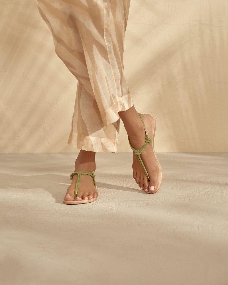 Suede Leather Sandals - Hamptons - Kaki Green Knot Thongs