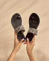 Raffia & Leather Sandals - Black Natural Mélange Toe Ring | 