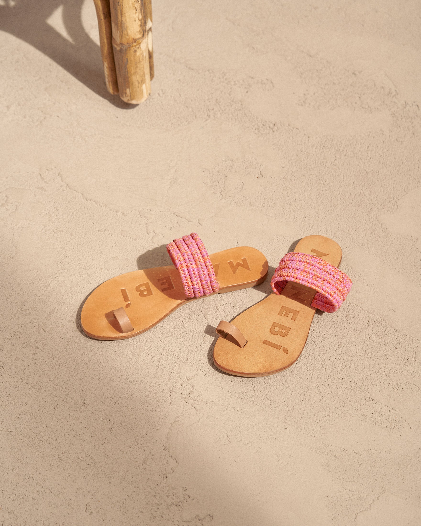 Raffia & Leather Sandals - Orange Pink Mélange Toe Ring