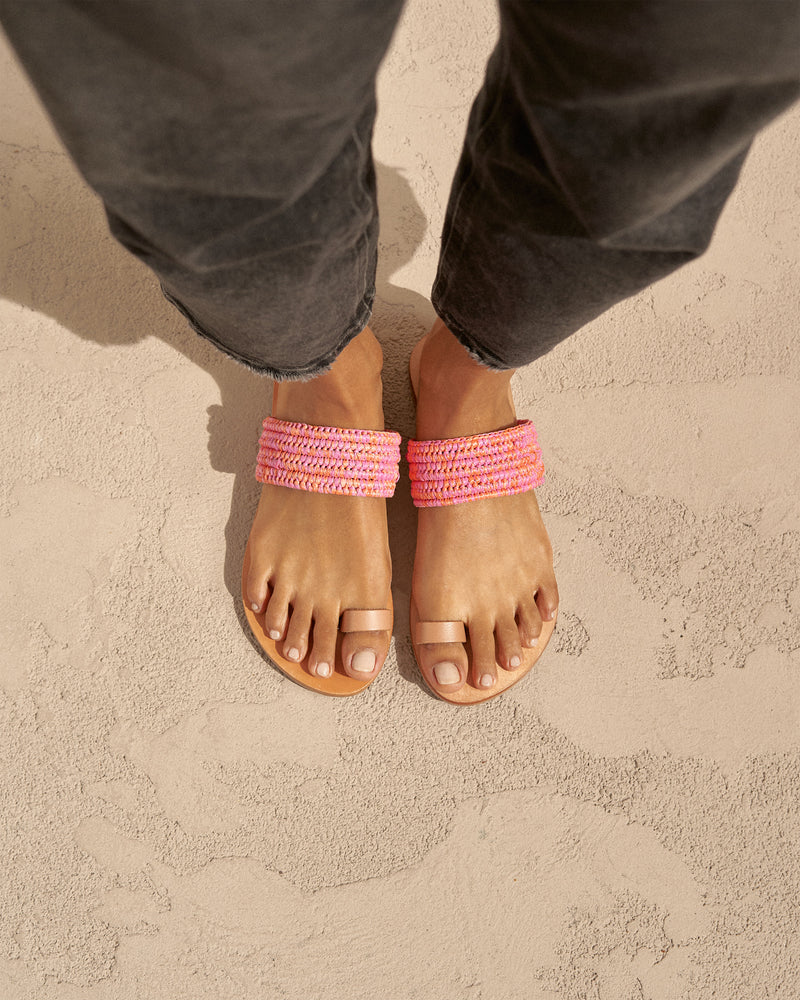 Raffia & Leather Sandals - Orange Pink Mélange Toe Ring