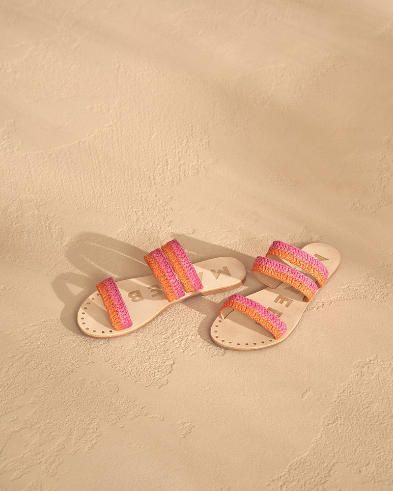 Raffia Stripes Leather Sandals - Pink Orange 3 Bands
