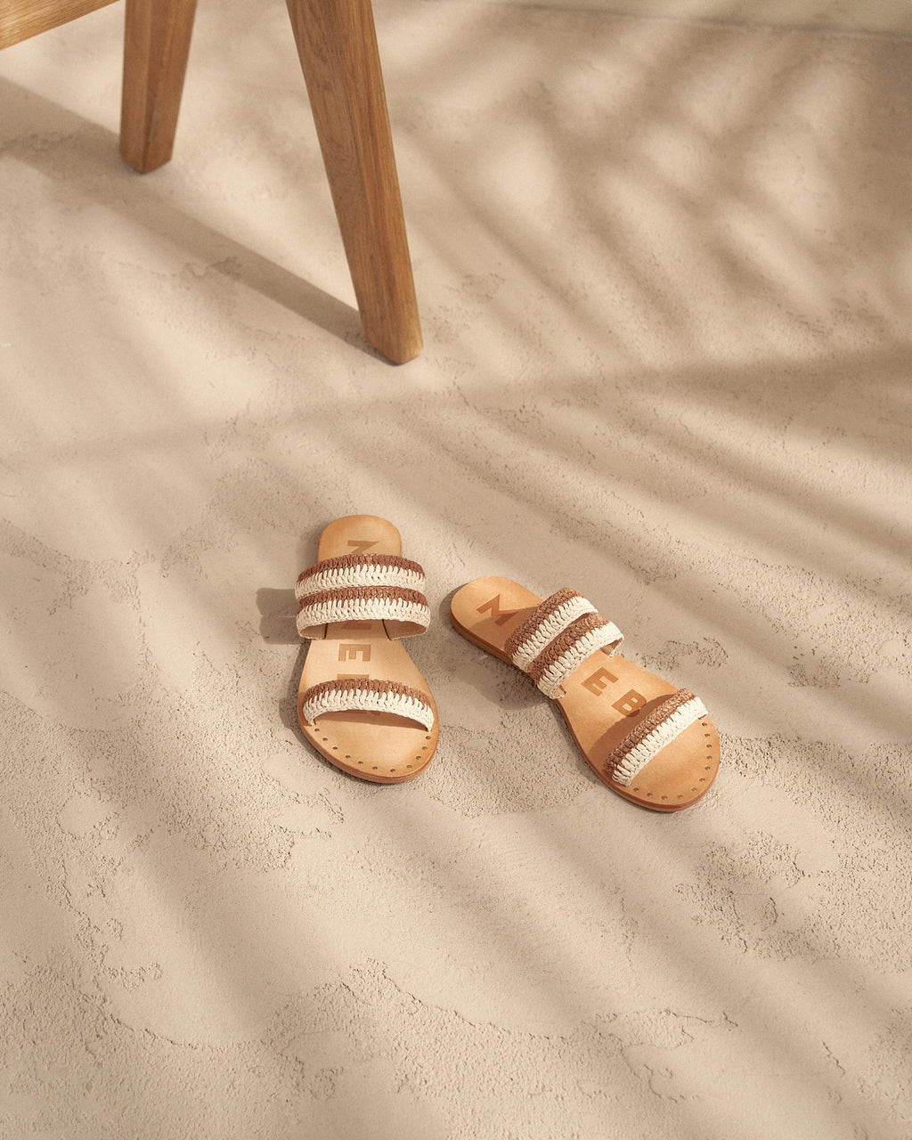 Raffia Stripes Leather Sandals - Cuero Natural 3 Bands